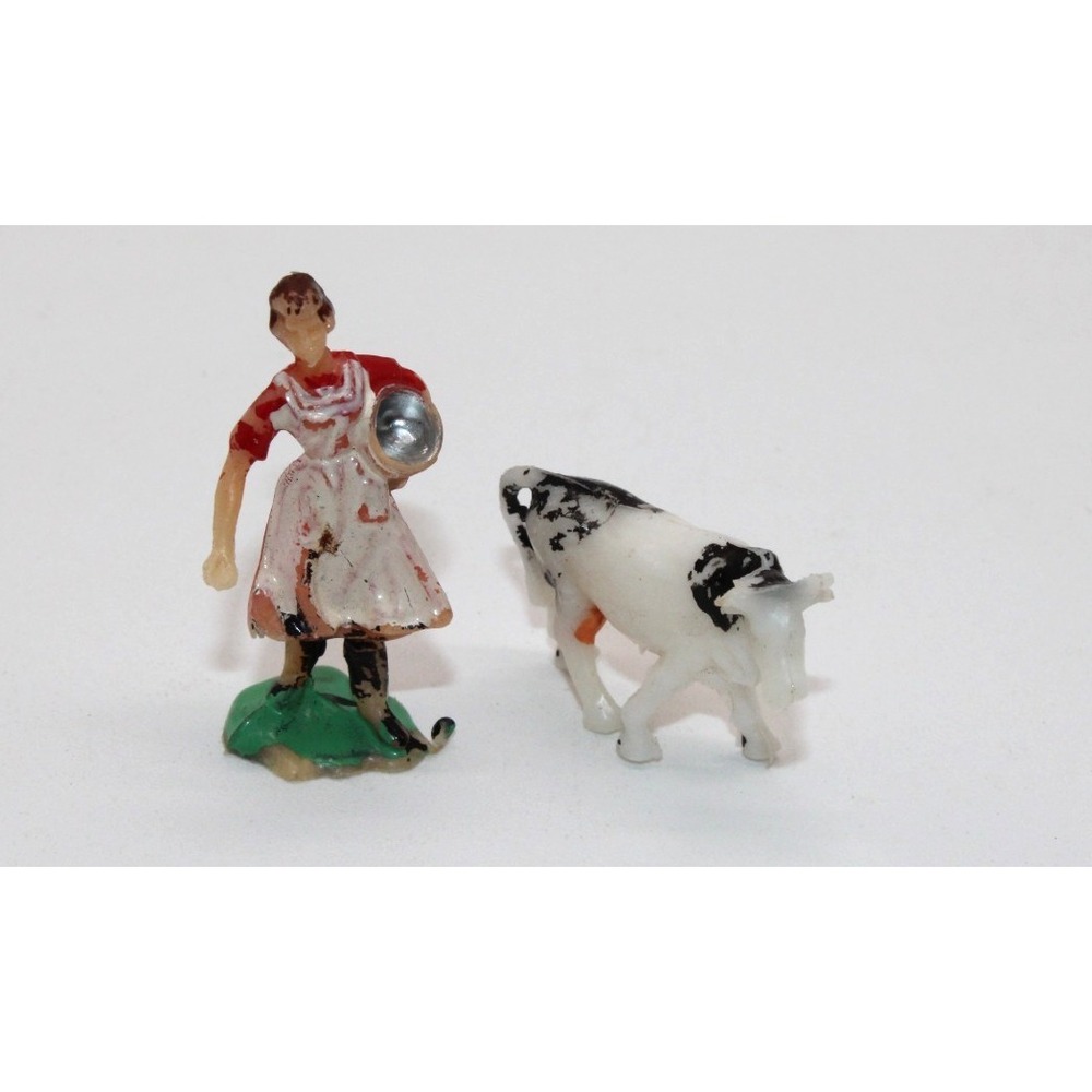 VTG 1960s Mini Farm Girl Milkmaid and Cow - Plastic VTG Playset